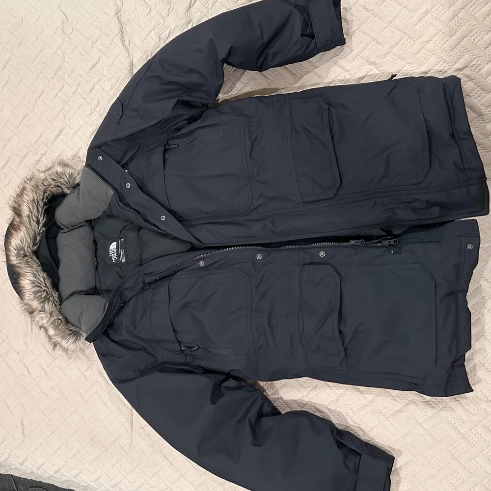 The North Face Men's Black Long Puffer Parka with Faux Fur Trim